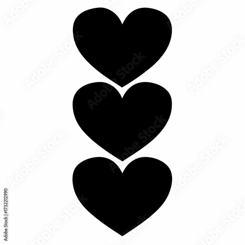 Three black hearts stacked vertically against a white background for love