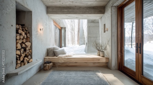 Cozy winter retreat with stacked firewood and rustic modern interior design
