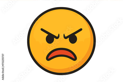 Angry face emoji. Vector emoticon with furious expression. Mad, grumpy smiley icon. Unhappy, annoyed character illustration for chat or social media. Negative emotion symbol.