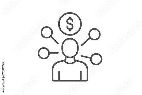 Affiliate marketing line icon. Person with dollar coin symbol. Influencer and referral program concept. Business network, passive income, online earning and partnership strategy.