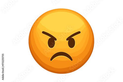 Angry face emoji vector illustration. Mad emoticon with furious expression. Unhappy, annoyed and frustrated character icon. Negative emotion, bad mood and stress concept design.