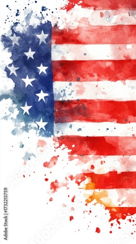 Abstract watercolor american flag with stars and stripes in red, white, and blue. Independence Day