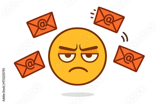 Annoyed angry emoticon character stressed by email spam. Junk mail, information overload, and phishing concept. Frustrated emoji face with too many messages. Vector.