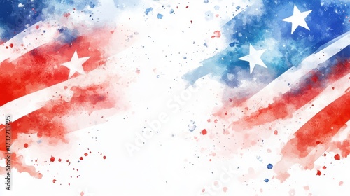 Abstract american flag watercolor with stars and stripes in red, white, and blue. Independence Day