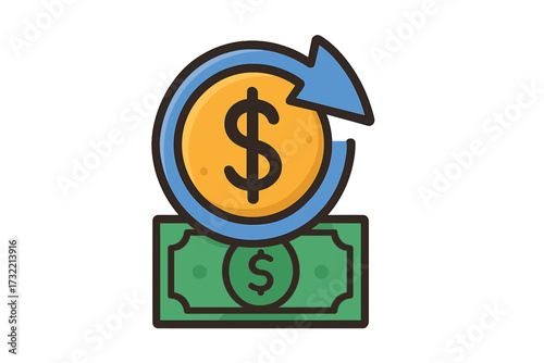 Cashback money back guarantee icon. Refund or return payment concept. Financial services, currency exchange, and transaction symbol. Dollar coin and bill with refresh arrow.