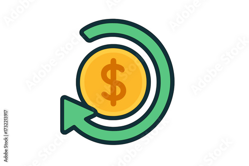 Cashback money back guarantee icon. Refund and return on investment concept. Financial transaction, currency exchange, and payment symbol. Vector dollar coin with arrow.