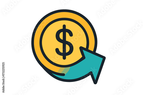 Cashback money refund icon. Dollar coin with arrow. Financial transaction, payment return, or rebate concept. Vector illustration for business, finance, and shopping.