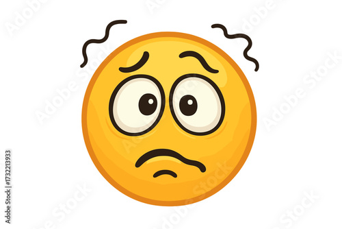 Confused and disoriented emoticon. Anxious emoji face showing stress, worry, and fear. Puzzled, perplexed character icon. Dizzy, troubled, overwhelmed vector illustration.