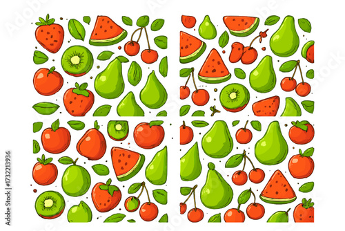 Colorful fruit seamless pattern. Fresh summer fruits background. Vector cartoon illustration. Healthy food concept. Strawberry, pear, cherry, watermelon, kiwi, apple texture.