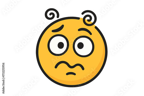 Confused disoriented dizzy emoji vector illustration. Woosy yellow smiley face with vertigo. Puzzled sick emoticon character icon for stress, anxiety or headache concept.