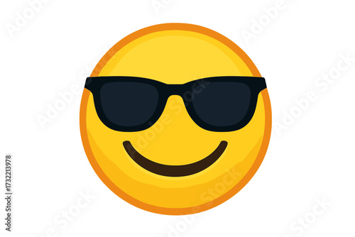Cool emoticon smiling in sunglasses. Vector smiley emoji for positive emotions. Happy face character with glasses for summer vacation and sunny weather. Cheerful isolated icon.