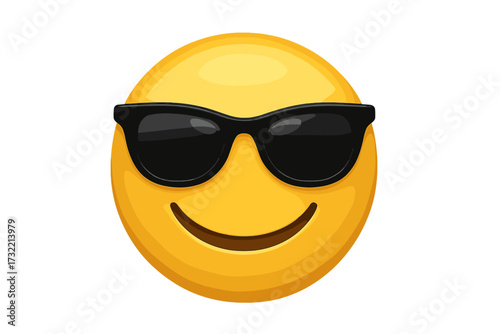 Cool emoticon with sunglasses. Vector smiley face emoji for summer. Happy yellow character icon. Funny cartoon mascot. Positive emotion symbol. 3d style graphic illustration.