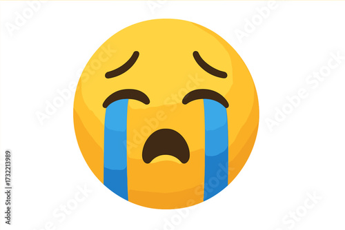 Crying loudly face emoji. Sad emoticon with tears stream. Unhappy smiley icon. Concept of sorrow, grief, depression and despair. Negative feeling. Yellow cartoon character.
