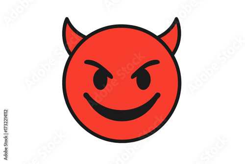 Devil emoticon vector icon. Diabolical smiley emoji face. Evil smile character. Satanic symbol. Mischievous red head illustration. Naughty demon cartoon. Bad imp sign.
