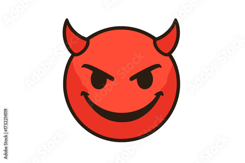 Devil emoticon vector icon. Diabolical smiley emoji with horns. Evil mischievous face character. Naughty emotion symbol. Bad temptation or sin concept. Isolated illustration.