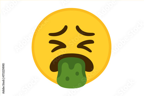 Disgusted face emoji vomiting green slime. Vector emoticon icon for concepts of sickness, nausea, food poisoning, and repulsion. Sick, unwell, ill smiley character illustration.