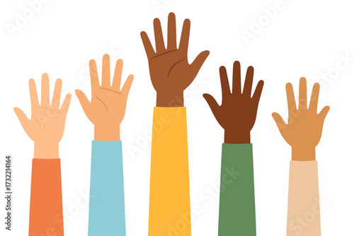 Diverse hands of multi ethnic people raised. Concept of volunteering, charity, racial equality, vote and community support. Unity in diversity, teamwork and social help.