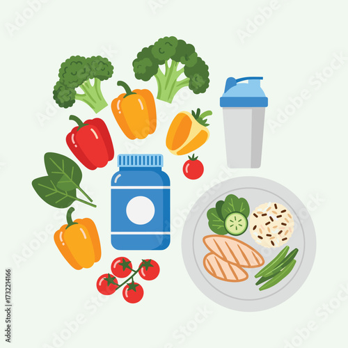 Achieve your fitness goals with healthy food, supplements, and a protein shaker for post-workout nutrition