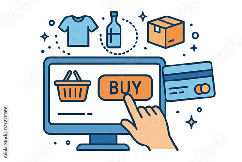 E-commerce vector concept for online shopping. Hand clicks buy button on computer screen. Web store checkout process with credit card payment, cart and delivery box icons.
