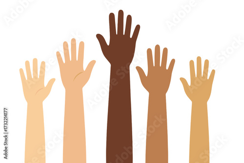 Diverse colored hands representing multi-ethnic people raised up. Concept of volunteering, charity, community, and support. Vector illustration for unity, teamwork, equality.