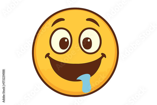 Hungry emoticon character salivating. Vector icon of a drooling emoji face with a big appetite. Delicious food craving concept illustration. Yummy expression cartoon smiley.