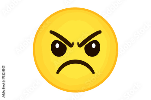 Angry emoji vector. Mad face icon. Furious emoticon character. Concept of rage, frustration, annoyance. Negative emotion. Bad mood smiley. Grumpy expression symbol.