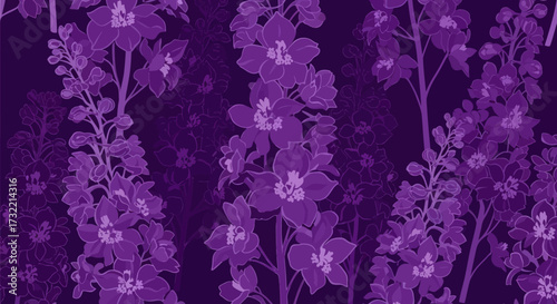 Dark-toned, close-up floral pattern; deep purple blossoms