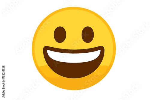 Grinning face emoji with a big smile. Vector illustration of a happy yellow emoticon. Cute cartoon character showing joy and positive emotion. Isolated icon for web and print.