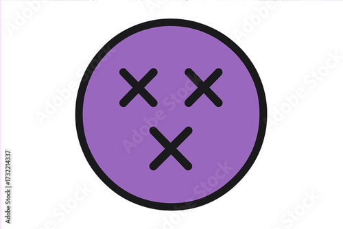 Vector illustration of a purple emoticon with x-shaped eyes. Dizzy, dead, or unconscious smiley face. Concept of sickness, confusion, or being silenced. Simple emoji icon.