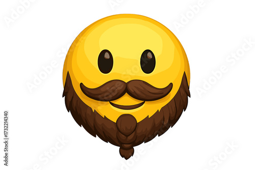 Emoticon with medieval hipster beard. Cool emoji smiley icon. Vector illustration of a bearded character. Funny face with mustache and smile. Man, viking, dwarf symbol.