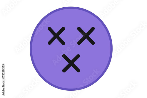 Purple emoticon with x-shaped eyes. Vector smiley emoji icon for dizzy, dead, or unconscious states. Flat design cartoon face representing confusion, pain, mistake or error.