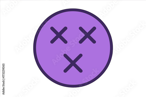 Vector dizzy emoji icon. Dead smiley face with x-shaped eyes. Unconscious, knocked out, or hurt emoticon symbol. Purple round character illustration for error or problem. Silent.