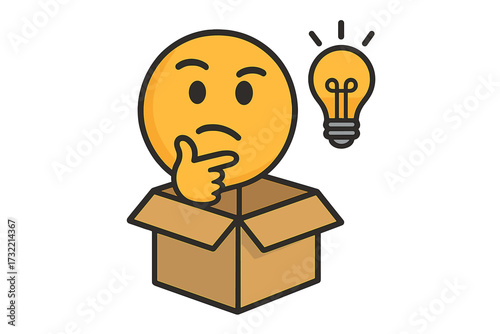 Thinking outside the box metaphor. Emoticon with new idea lightbulb. Concept for innovation, creativity, solution, and brainstorming. Business strategy for creative problem solving.
