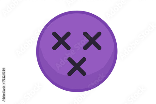 Dizzy emoticon with x-shaped eyes vector illustration. Dead or unconscious smiley face icon. Purple cartoon comic character symbol for error, failure or being speechless.