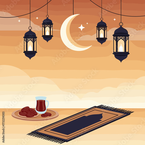 Ramadan Kareem celebration with crescent moon and lanterns, dates and tea for a peaceful Iftar feast during the holy month of fasting