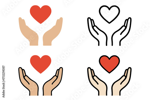 Hands holding red heart vector icon set. Symbol of love, care, kindness, help. Concept for charity, donation, and volunteering. Health, life, support, hope illustration.