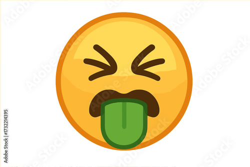 Nauseated face emoji. Grossed out emoticon with green tongue sticking out. Disgusted smiley icon. Sickness, revulsion, or feeling ill expression. Vector character symbol.