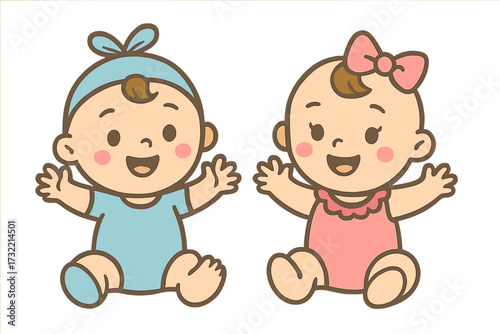 Cute cartoon babies vector illustration. Adorable happy baby boy and girl characters sitting. Twin infants or siblings for gender reveal, baby shower invitation or newborn design.