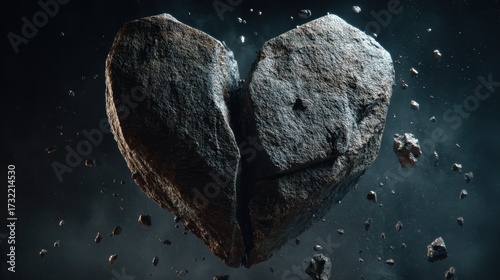 Broken Hearted Stones: The fractured stony heart floats in the ethereal expanse, capturing the desolation of love. Representing vulnerability and heartache.