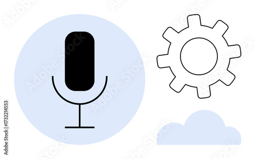 Microphone with smartphone, cloud, and gear elements suggests voice command, technology, cloud computing, and system settings. Ideal for AI, innovation, automation user interface software mobile