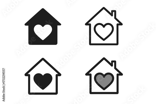 House with heart icon set. Love home logo collection. Vector graphic element for real estate, family, shelter, charity. Sweet home concept symbol. Valentine, romance sign.