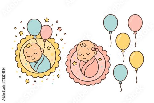It's a boy and It's a girl gender reveal elements. Newborn baby shower set with cute sleeping boy and girl, balloons, stars. Vector cartoon graphic for birth announcement.