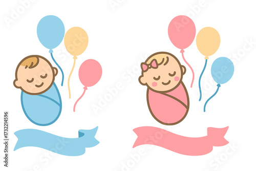 It's a boy It's a girl gender reveal baby shower vector set. Newborn infant cartoon illustration. Swaddled babies with balloons and banners. Pink and blue graphic elements.