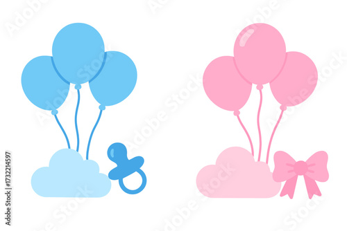 Baby gender reveal vector graphic elements. It's a boy with blue balloons and pacifier. It's a girl with pink balloons and bow. Newborn baby shower invitation icons set.