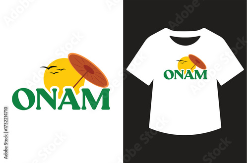 Minimalist black and white graphic featuring "Happy Onam" in modern calligraphy. Text shown standalone and on a white t-shirt design. Clean, bold, high-contrast style for print or design use.