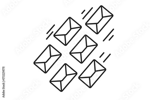 Email marketing and newsletter advertising concept. Minimalist vector line art of falling envelopes. Receiving messages, spam, and junk mail in inbox. Digital communication.