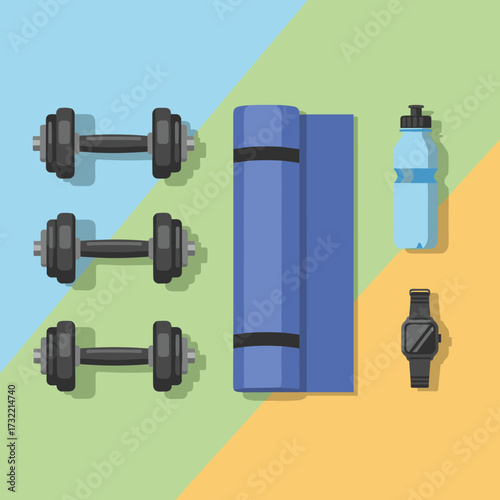 Achieve fitness goals with essential workout gear, including dumbbells, yoga mat, water bottle, and smartwatch for peak performance.