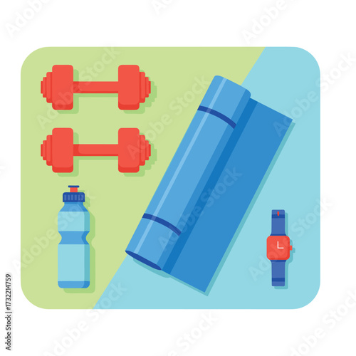 Achieve your fitness goals with essential workout gear including dumbbells, a yoga mat, water bottle, and smartwatch for a healthy lifestyle.