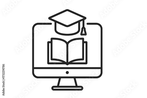 Online education thin line icon. E-learning and distance learning concept. Graduation cap, book on computer screen. Symbol for webinar, tutorial, online course, knowledge.