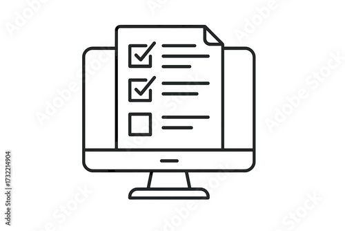 Online exam thin line icon. E-learning and distance education concept. Computer with digital test, survey or checklist on screen. Web questionnaire or quiz form vector illustration.